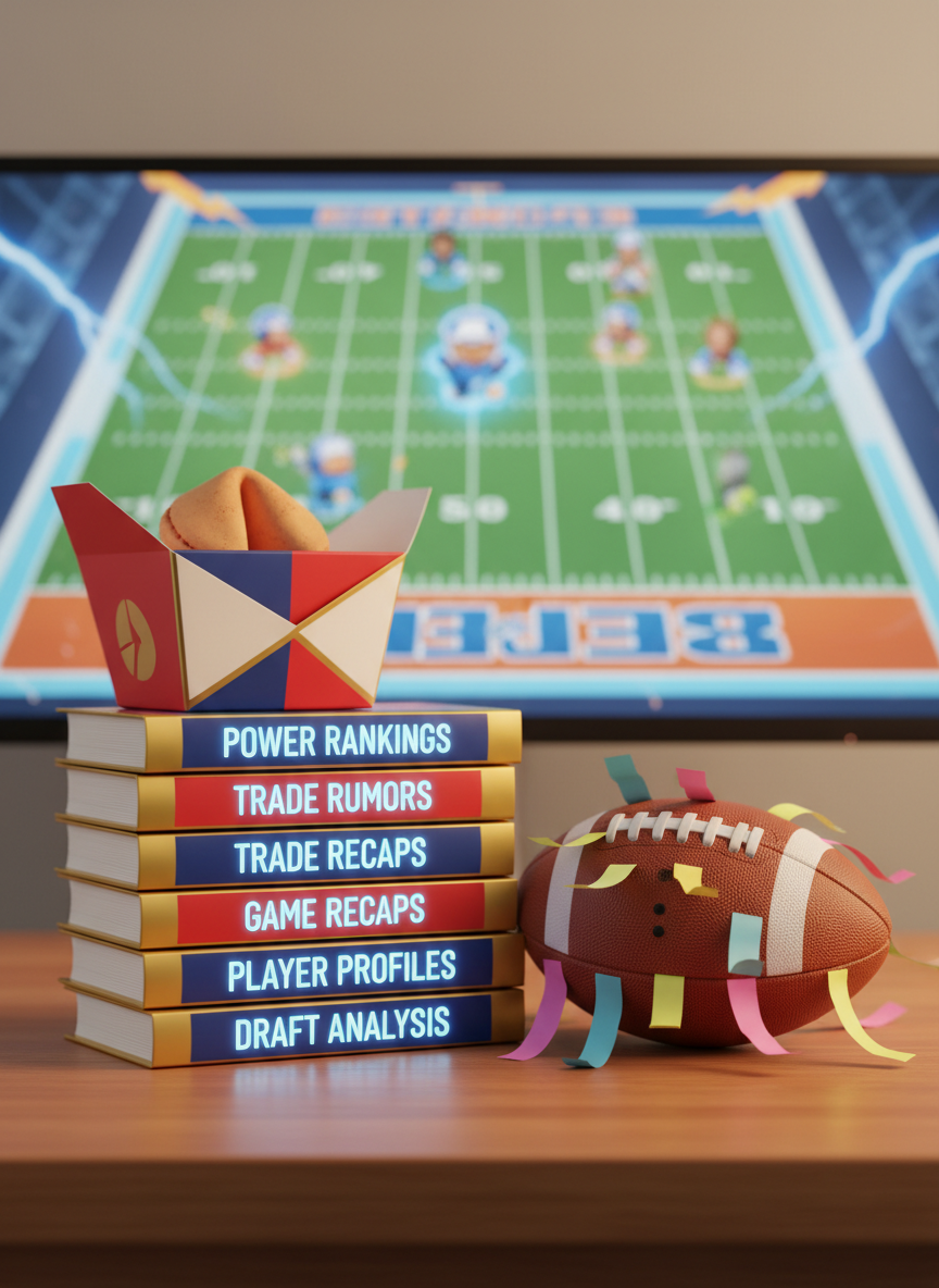 A neat stack of glossy football playbooks styled as oversized fortune cookies boxes sits on a polished wooden desk, each spine labeled with bold titles like “Power Rankings,” “Trade Rumors,” and “Game Recaps” in arcade-like fonts. A detailed football resting beside them is decorated with tiny, multicolored fortune slips instead of laces. In the background, a softly blurred large monitor displays a Madden-style field with exaggerated icons and vivid yard markers. Bright, even studio lighting with a slight golden tint adds warmth and playful energy. Captured from an eye-level angle with centered composition and moderate depth of field, the scene feels organized yet whimsical, echoing the blog’s news and updates focus with a vibrant, photographic style and rounded, friendly shapes everywhere.